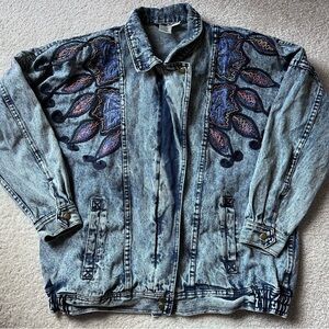 Vanna White Oversized Acid-Wash Denim Jacket with Purple Embroidery